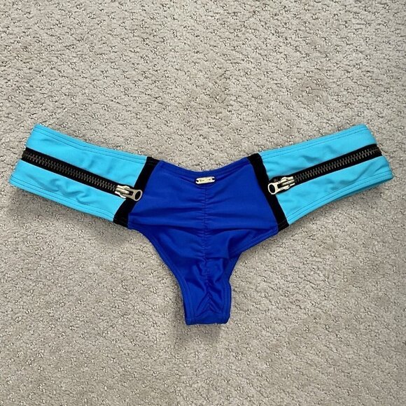 Beach Bunny Bronze Blue Bikini Bottoms Zipper Detail Women’s Size Large - Picture 5 of 7